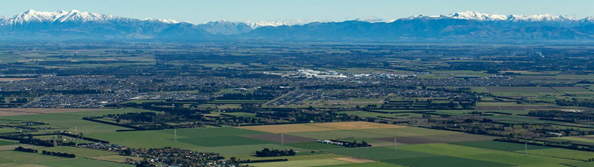 Landscape over the Canterbury plains with the southern alps in the background
